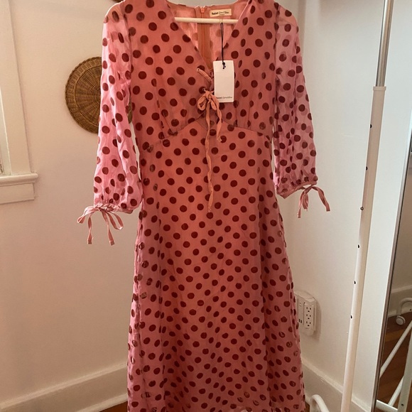 Pink Long Sleeve Midi Dress with Velvet Polkadots - Picture 3 of 3